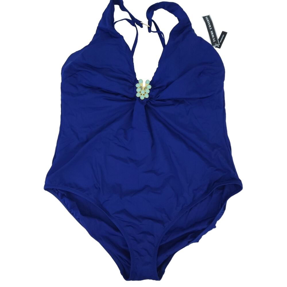 NEW Trina Turk Swim Spa Bijou Jeweled Plunge One Piece Swimsuit Size 22W Blue